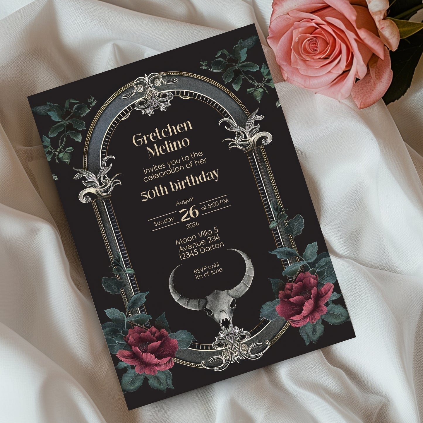 Gothic Baroque Ram Skull Birthday Invitation - Red Roses