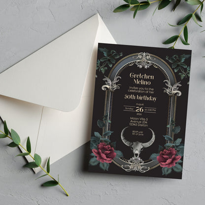 Gothic Baroque Ram Skull Birthday Invitation - Red Roses