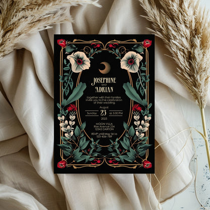 Celestial Gothic Red Floral Wedding Invitation