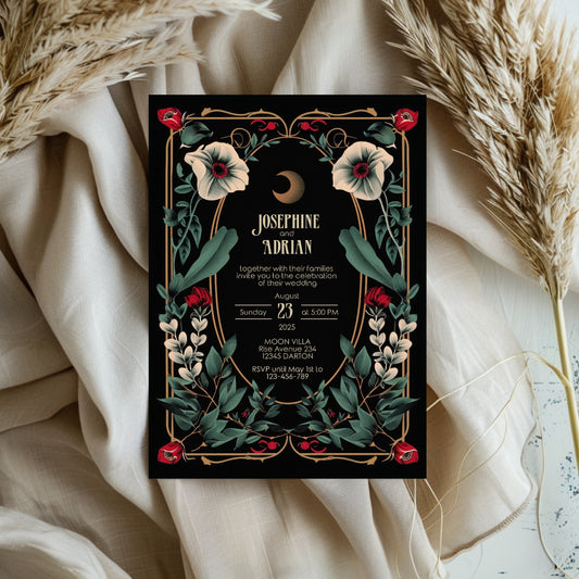 Celestial Gothic Red Floral Wedding Invitation