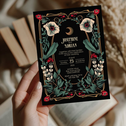 Celestial Gothic Red Floral Wedding Invitation