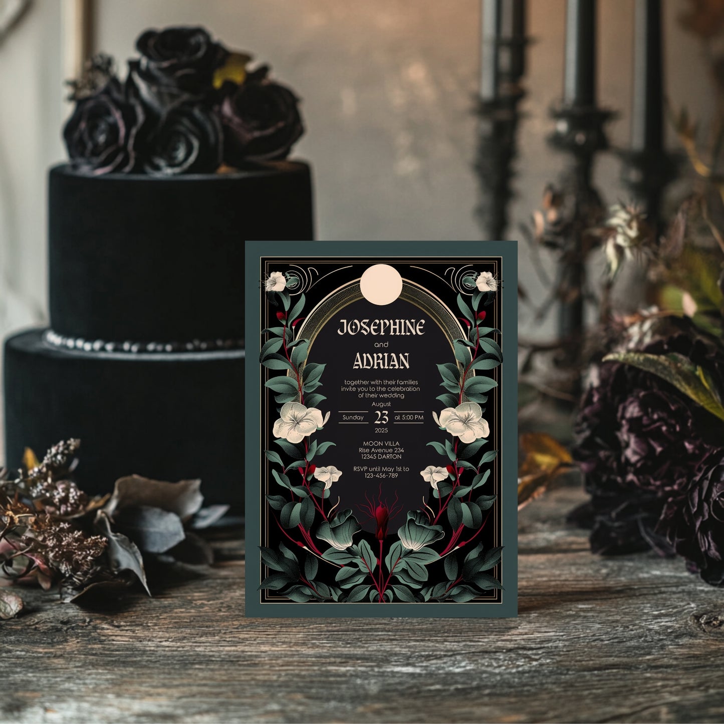 Gothic Botanical Wedding Invitation - Black and Gold Design with Moon Accent and Florals