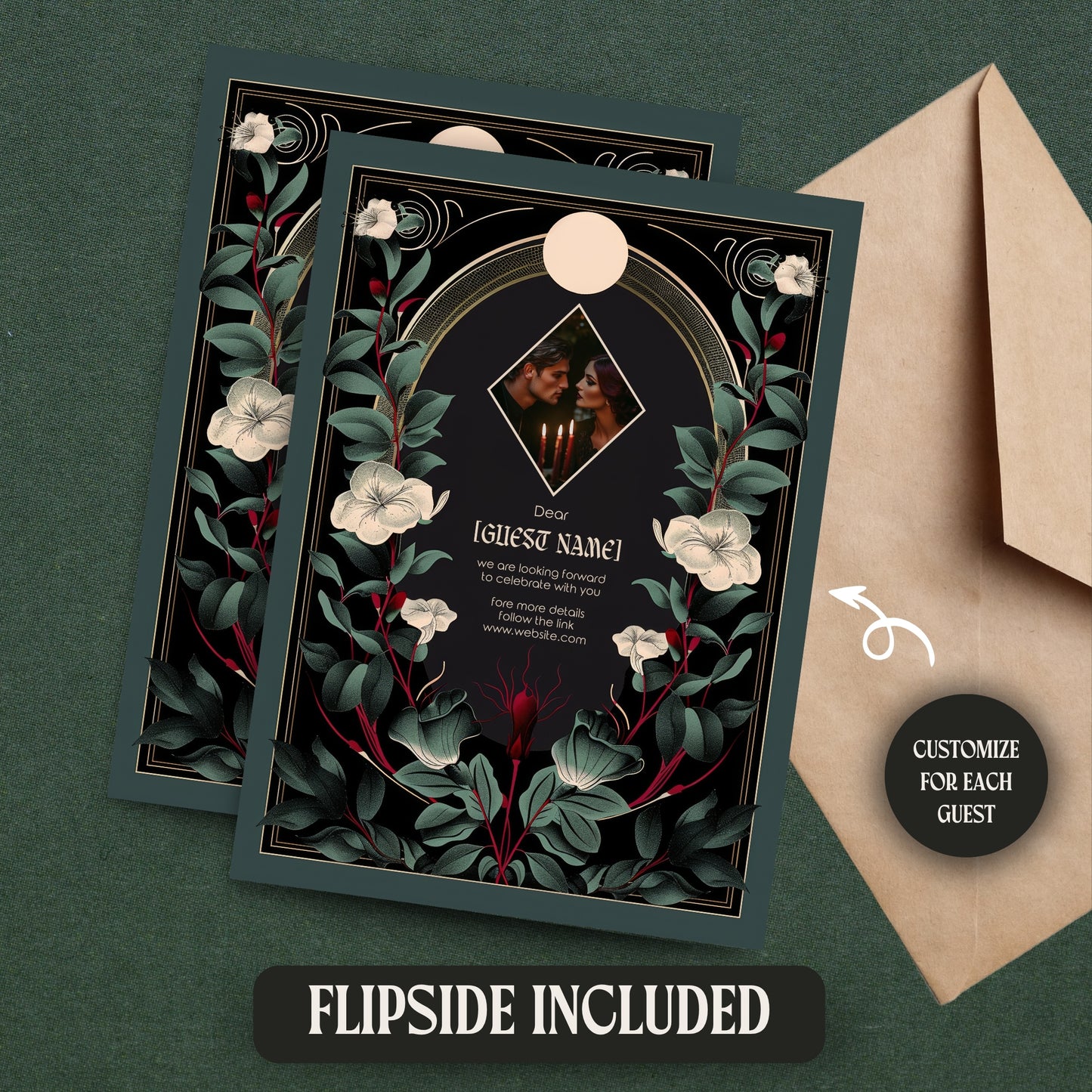 Gothic Botanical Wedding Invitation - Black and Gold Design with Moon Accent and Florals