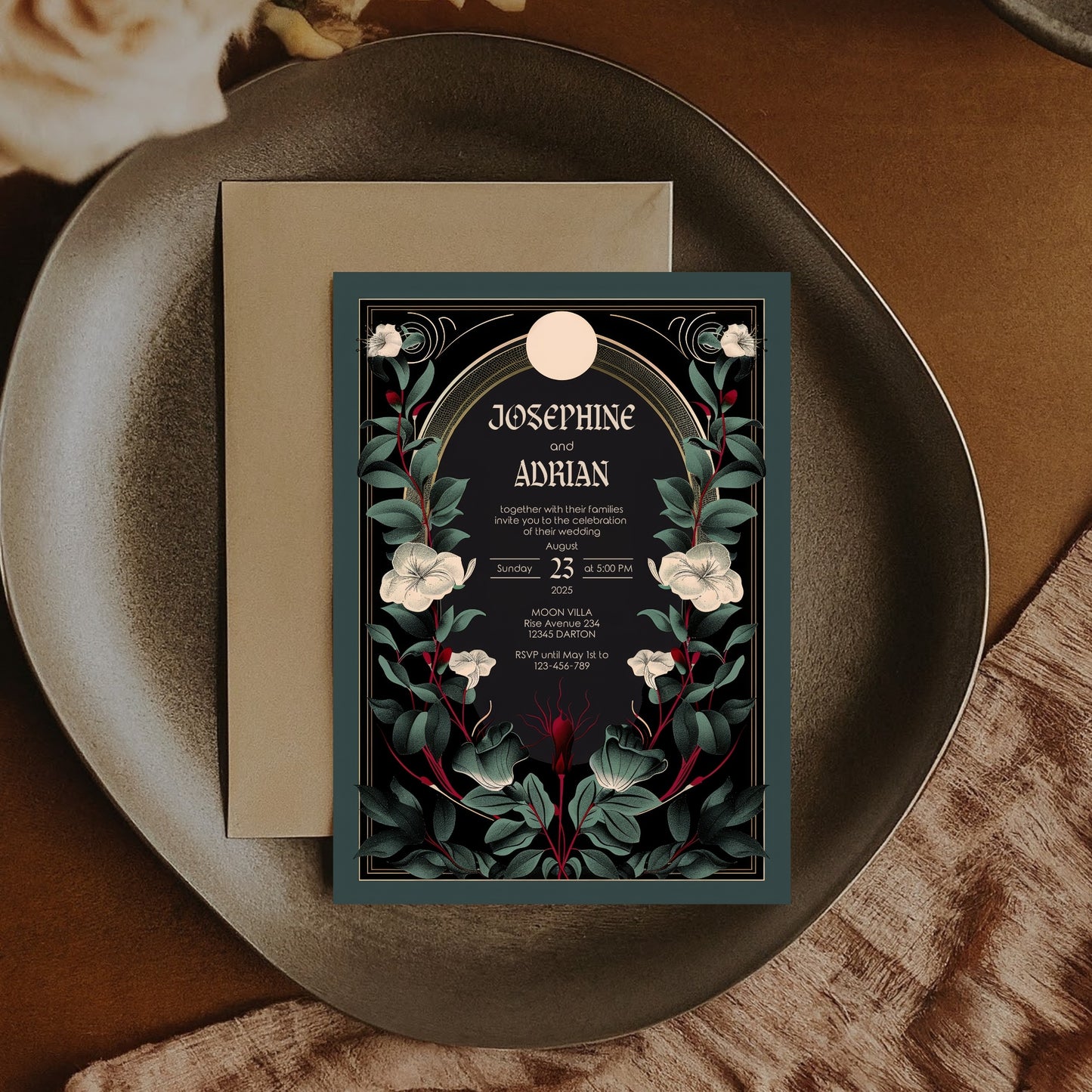 Gothic Botanical Wedding Invitation - Black and Gold Design with Moon Accent and Florals