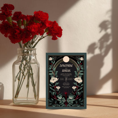 Gothic Botanical Wedding Invitation - Black and Gold Design with Moon Accent and Florals