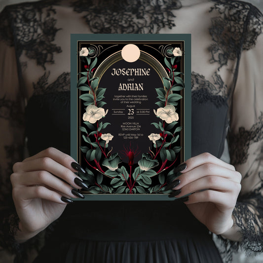 Gothic Botanical Wedding Invitation - Black and Gold Design with Moon Accent and Florals