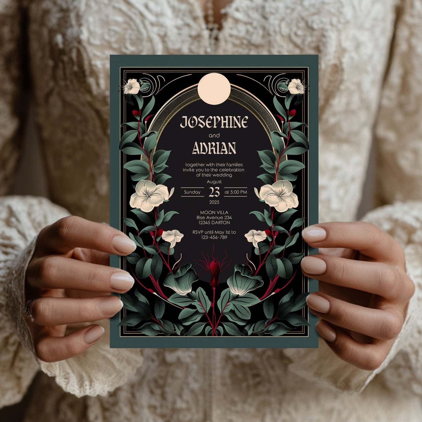 Gothic Botanical Wedding Invitation - Black and Gold Design with Moon Accent and Florals
