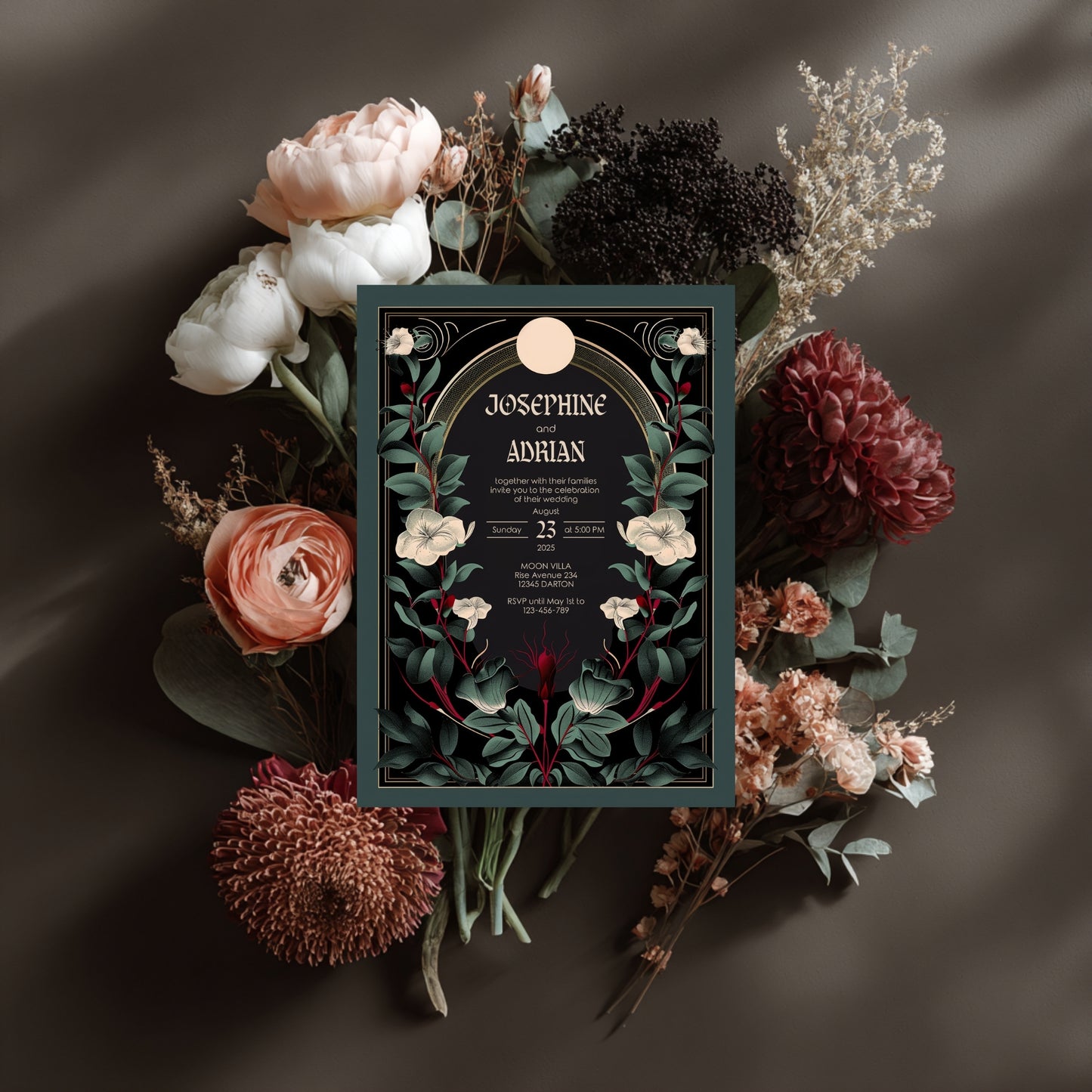 Gothic Botanical Wedding Invitation - Black and Gold Design with Moon Accent and Florals
