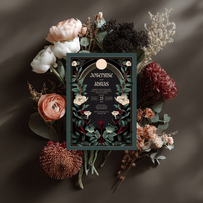 Gothic Botanical Wedding Invitation - Black and Gold Design with Moon Accent and Florals