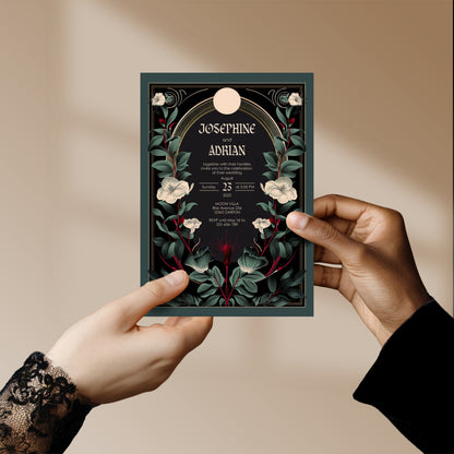 Gothic Botanical Wedding Invitation - Black and Gold Design with Moon Accent and Florals