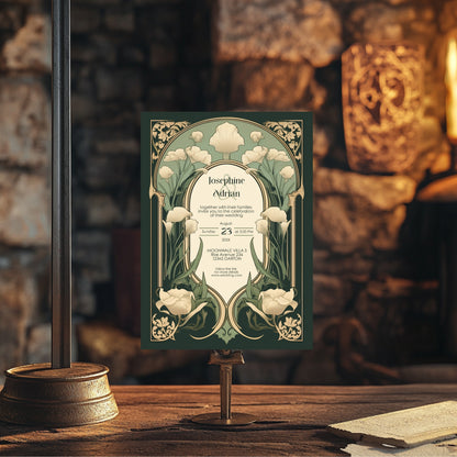 Art Nouveau Wedding Invitation Template - Vintage Elegant Floral Green & Gold Botanical Invite