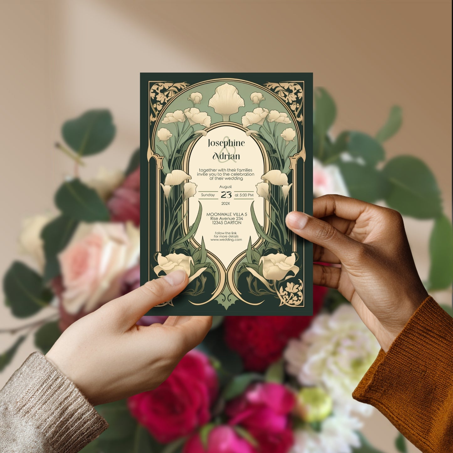 Art Nouveau Wedding Invitation Template - Vintage Elegant Floral Green & Gold Botanical Invite