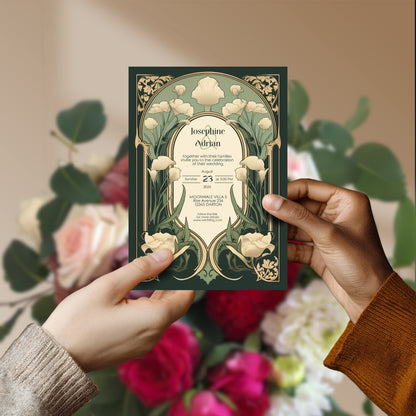 Art Nouveau Wedding Invitation Template - Vintage Elegant Floral Green & Gold Botanical Invite