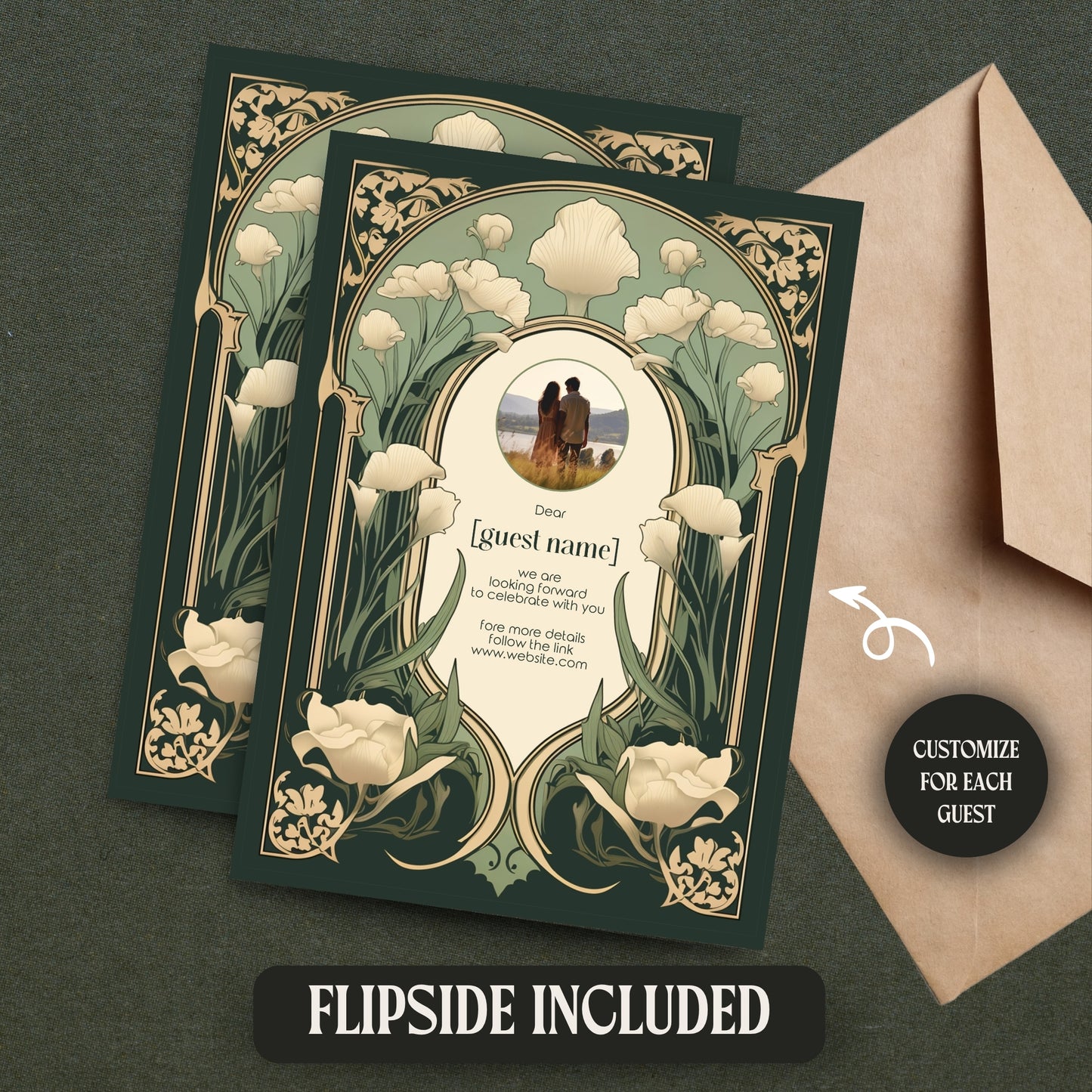 Art Nouveau Wedding Invitation Template - Vintage Elegant Floral Green & Gold Botanical Invite