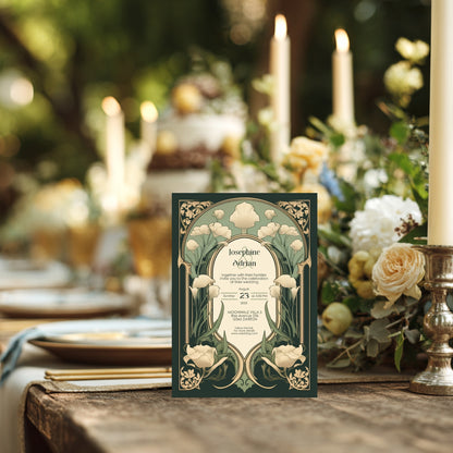 Art Nouveau Wedding Invitation Template - Vintage Elegant Floral Green & Gold Botanical Invite