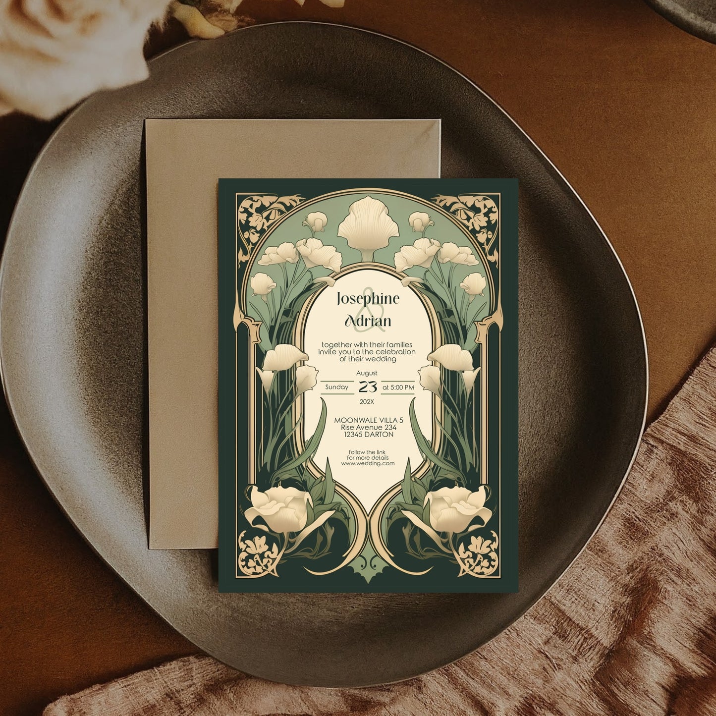 Art Nouveau Wedding Invitation Template - Vintage Elegant Floral Green & Gold Botanical Invite
