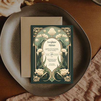 Art Nouveau Wedding Invitation Template - Vintage Elegant Floral Green & Gold Botanical Invite