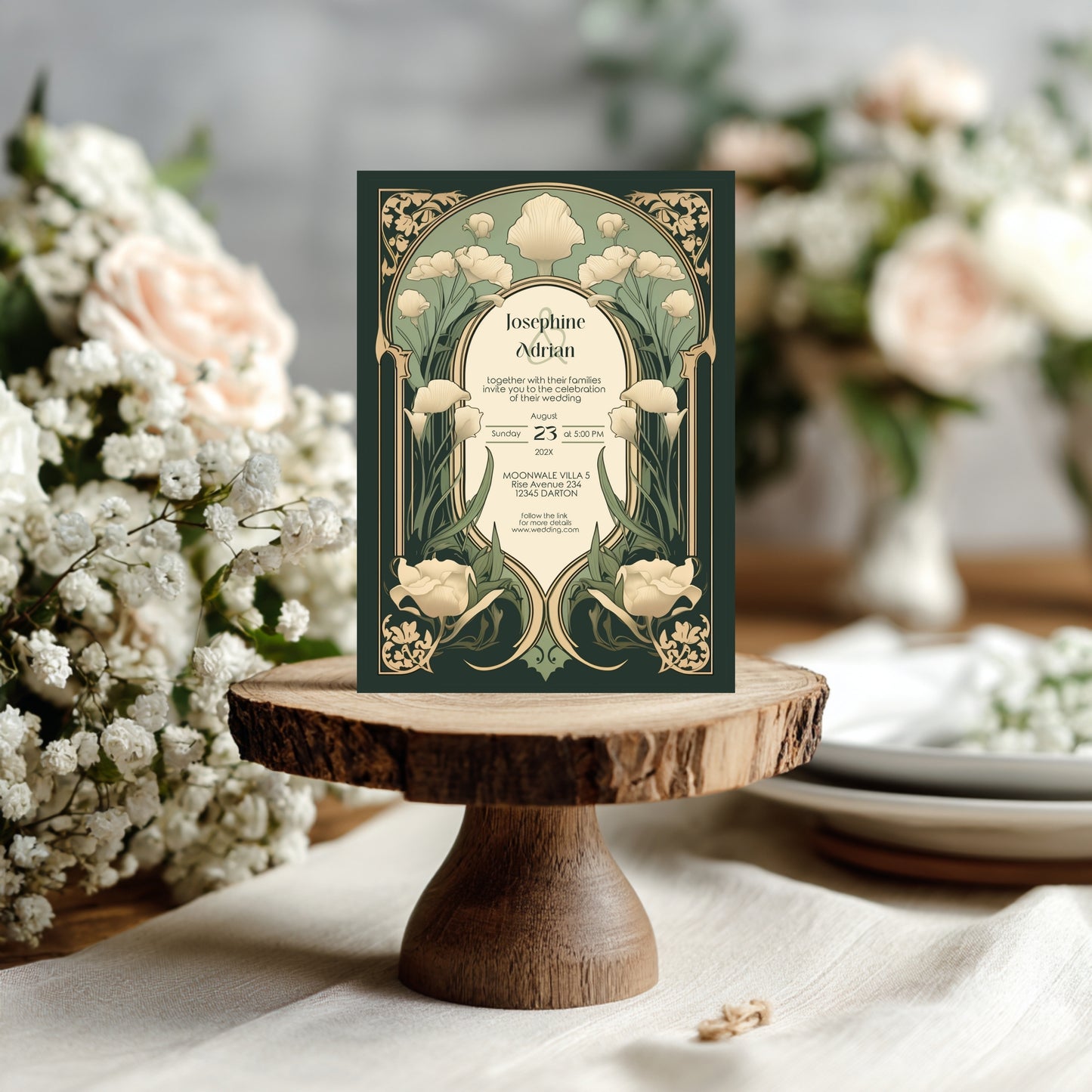 Art Nouveau Wedding Invitation Template - Vintage Elegant Floral Green & Gold Botanical Invite