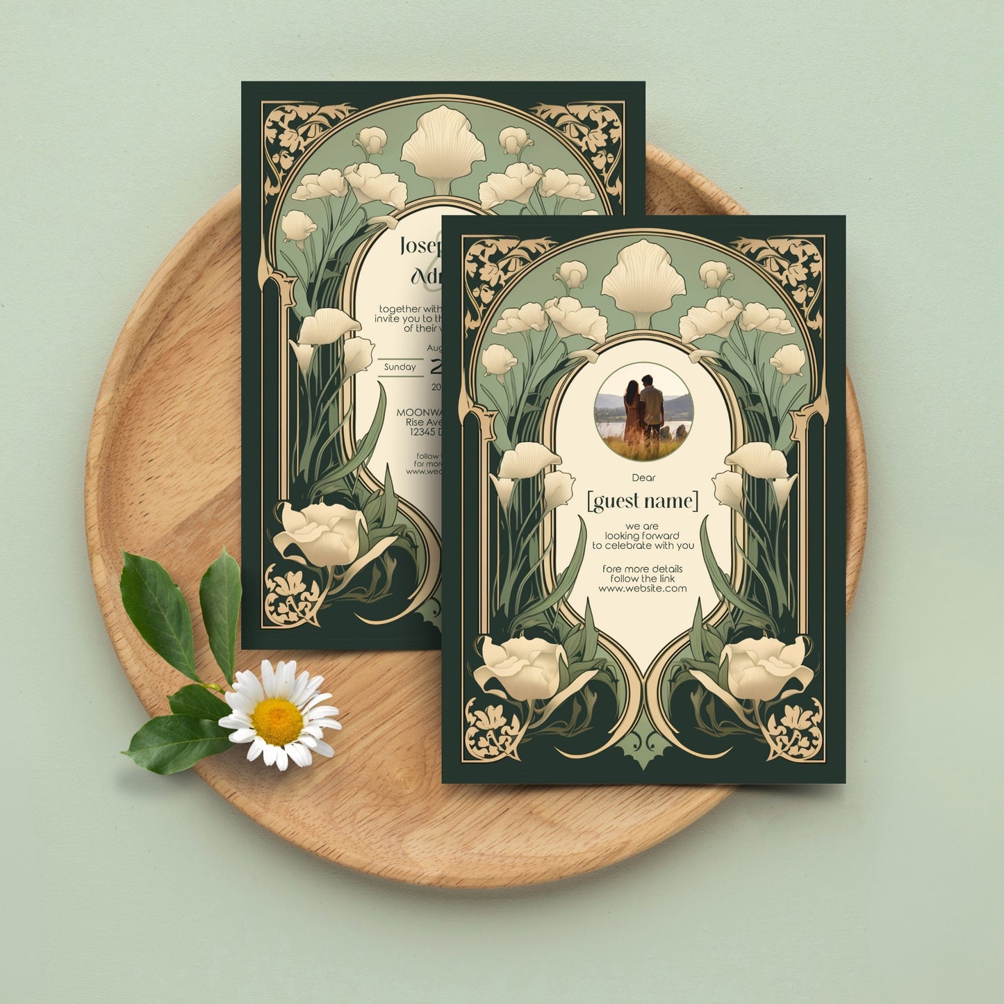 Art Nouveau Wedding Invitation Template - Vintage Elegant Floral Green & Gold Botanical Invite