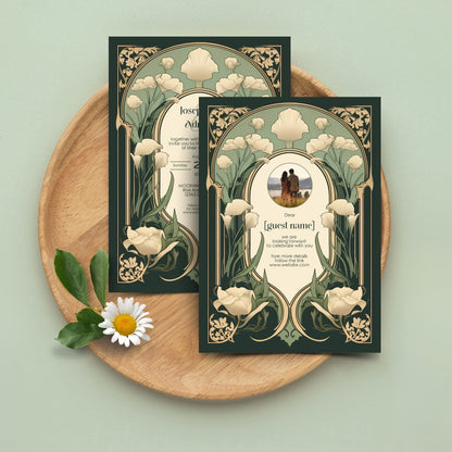 Art Nouveau Wedding Invitation Template - Vintage Elegant Floral Green & Gold Botanical Invite