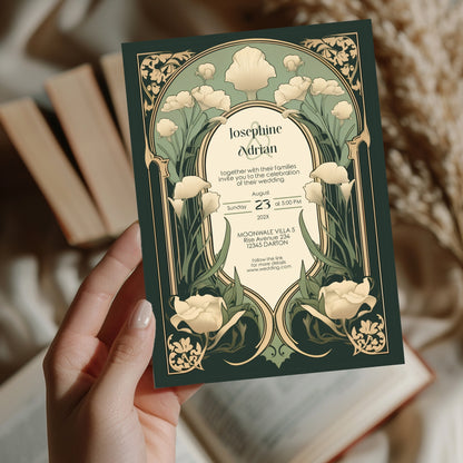Art Nouveau Wedding Invitation Template - Vintage Elegant Floral Green & Gold Botanical Invite