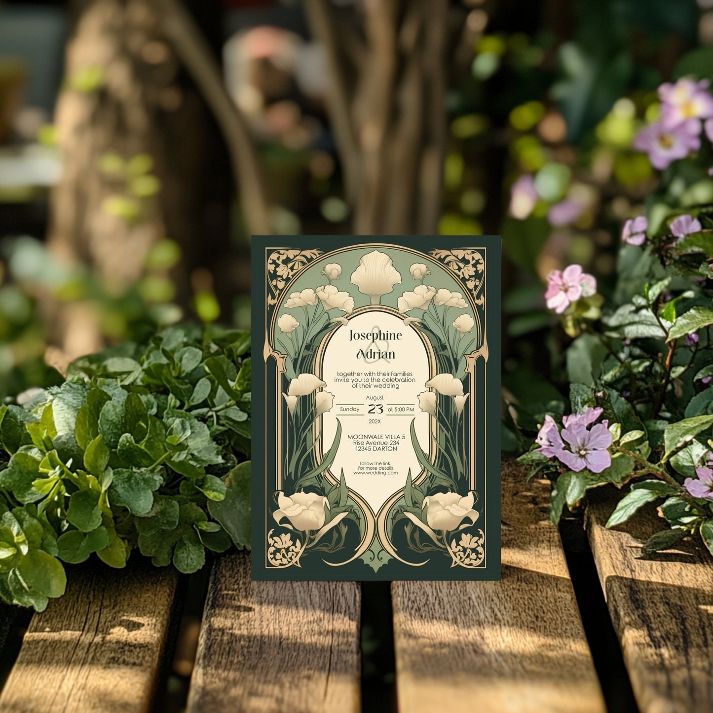Art Nouveau Wedding Invitation Template - Vintage Elegant Floral Green & Gold Botanical Invite