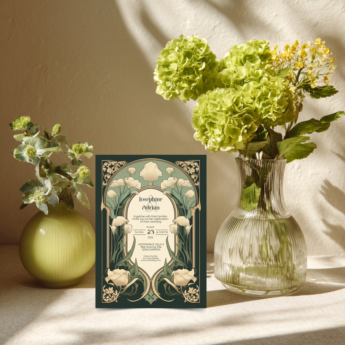 Art Nouveau Wedding Invitation Template - Vintage Elegant Floral Green & Gold Botanical Invite