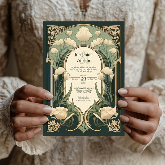 Art Nouveau Wedding Invitation Template - Vintage Elegant Floral Green & Gold Botanical Invite