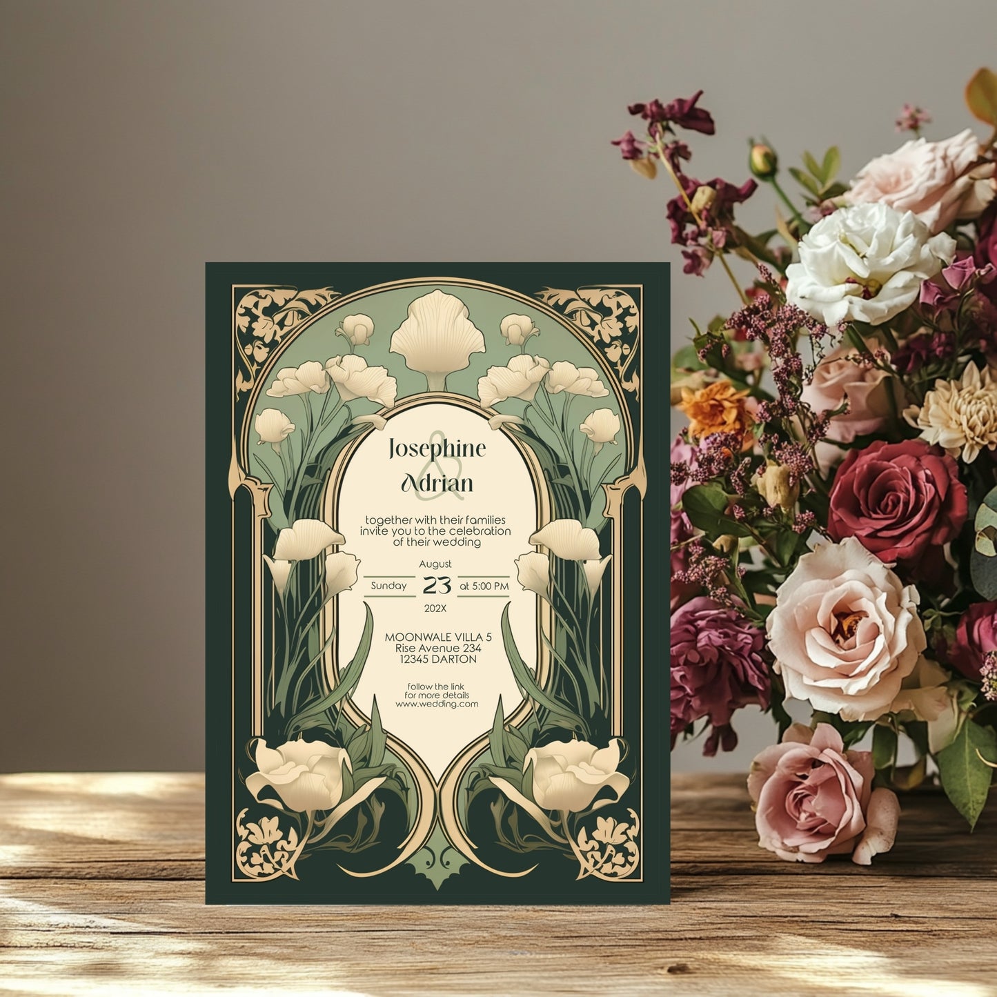Art Nouveau Wedding Invitation Template - Vintage Elegant Floral Green & Gold Botanical Invite