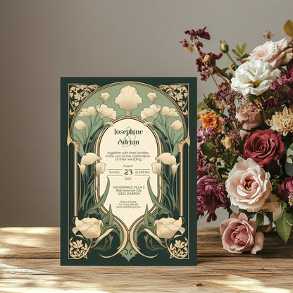 Art Nouveau Wedding Invitation Template - Vintage Elegant Floral Green & Gold Botanical Invite