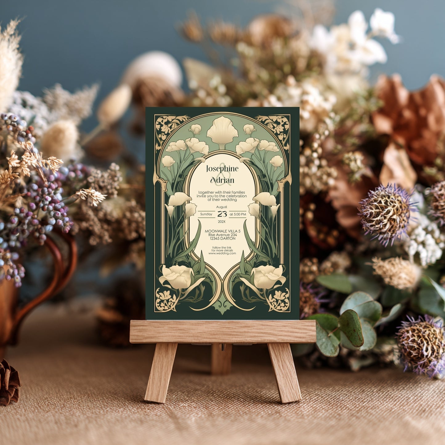 Art Nouveau Wedding Invitation Template - Vintage Elegant Floral Green & Gold Botanical Invite