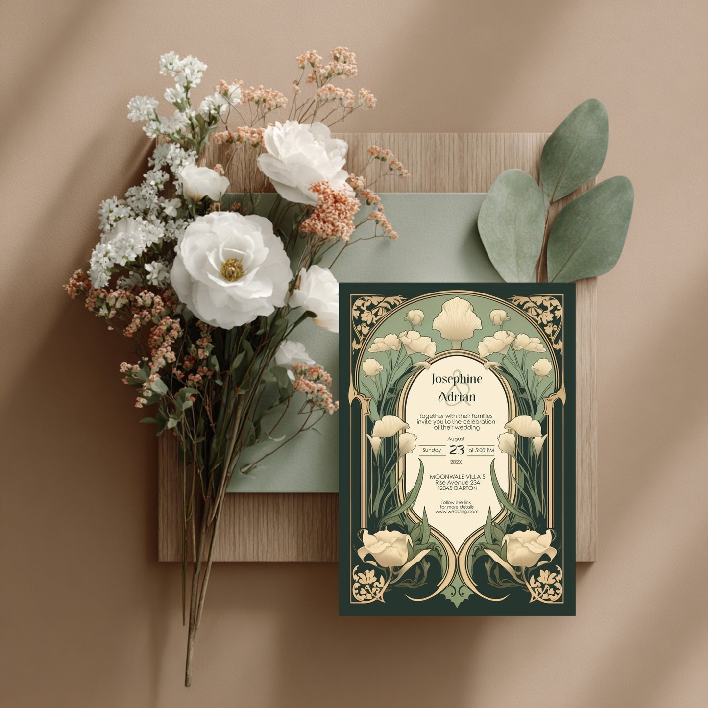 Art Nouveau Wedding Invitation Template - Vintage Elegant Floral Green & Gold Botanical Invite