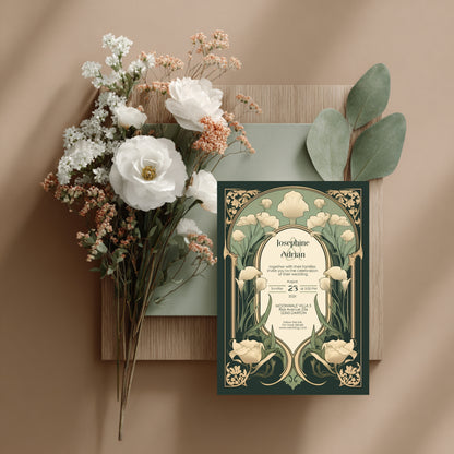 Art Nouveau Wedding Invitation Template - Vintage Elegant Floral Green & Gold Botanical Invite