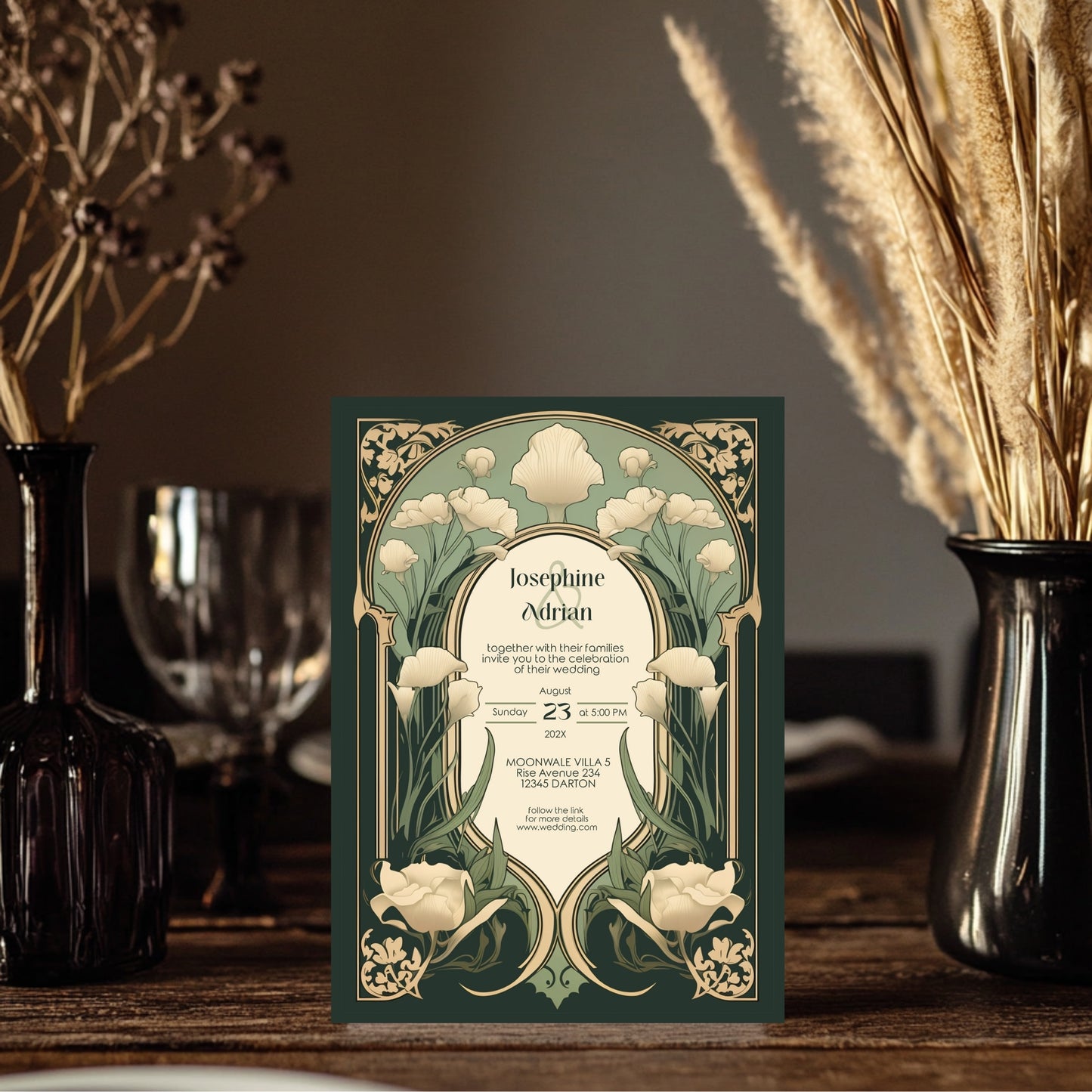 Art Nouveau Wedding Invitation Template - Vintage Elegant Floral Green & Gold Botanical Invite