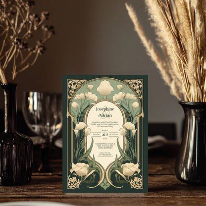 Art Nouveau Wedding Invitation Template - Vintage Elegant Floral Green & Gold Botanical Invite