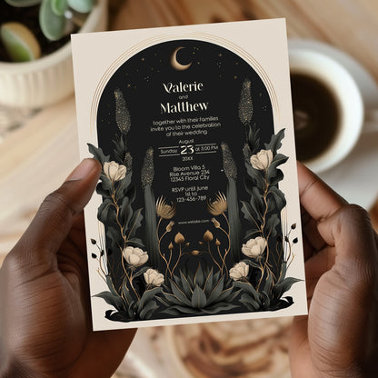 Moody Celestial Wedding Invitation - Moon and Stars Design with Floral Accents