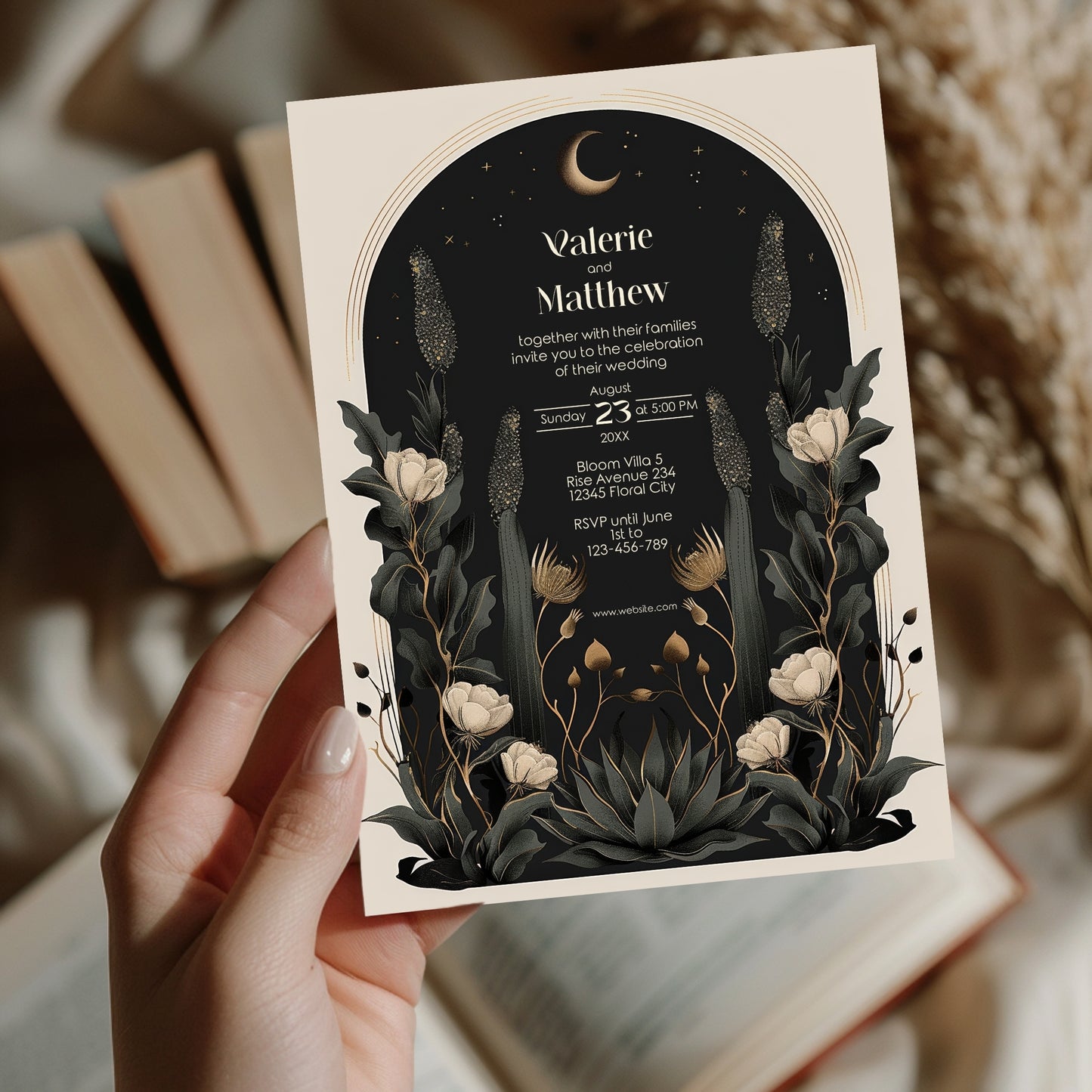 Moody Celestial Wedding Invitation - Moon and Stars Design with Floral Accents