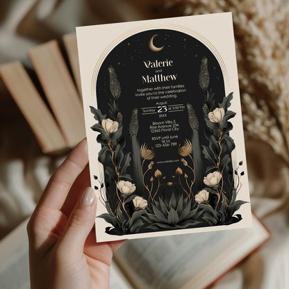 Moody Celestial Wedding Invitation - Moon and Stars Design with Floral Accents