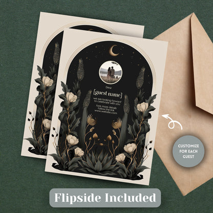 Moody Celestial Wedding Invitation - Moon and Stars Design with Floral Accents