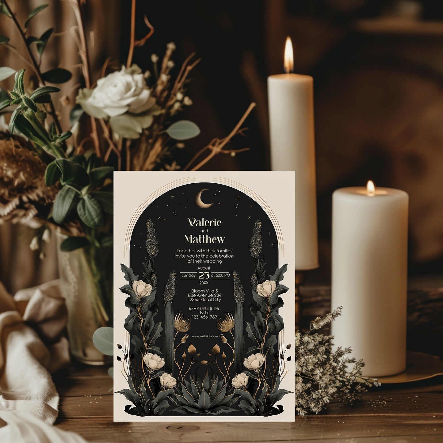 Moody Celestial Wedding Invitation - Moon and Stars Design with Floral Accents