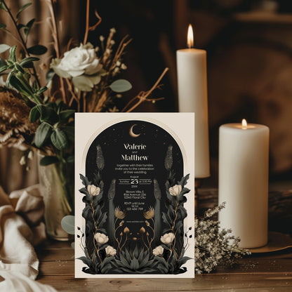 Moody Celestial Wedding Invitation - Moon and Stars Design with Floral Accents