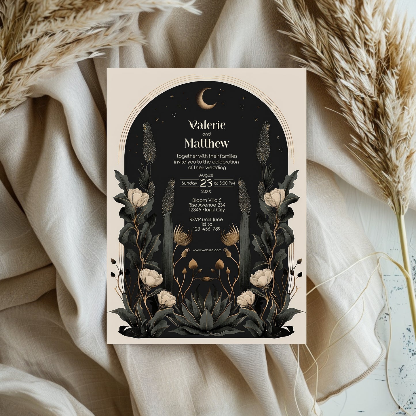 Moody Celestial Wedding Invitation - Moon and Stars Design with Floral Accents