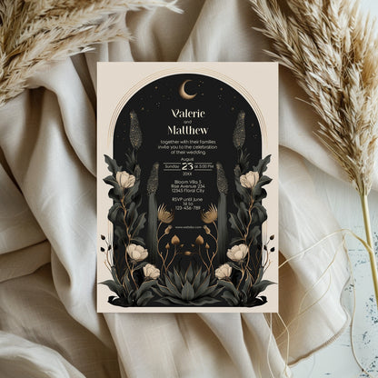 Moody Celestial Wedding Invitation - Moon and Stars Design with Floral Accents