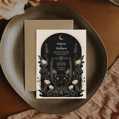 Moody Celestial Wedding Invitation - Moon and Stars Design with Floral Accents