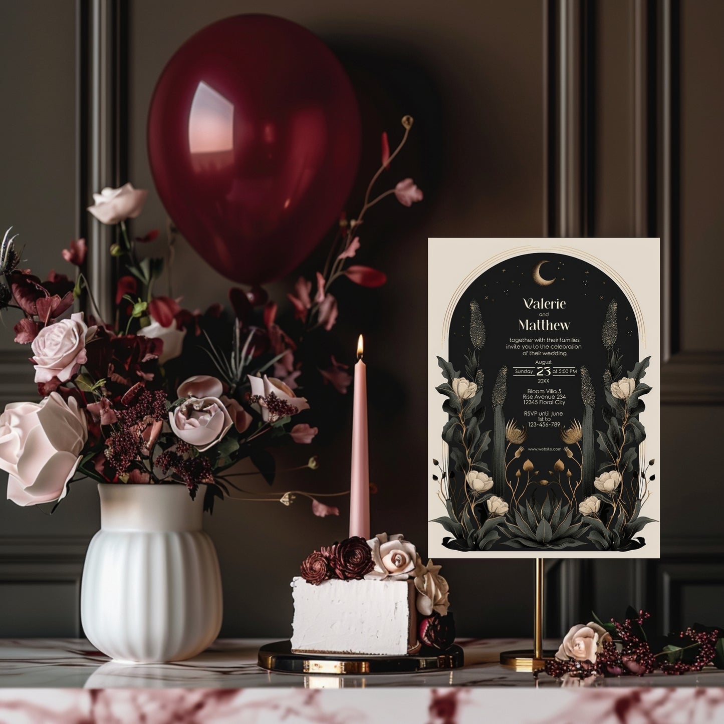 Moody Celestial Wedding Invitation - Moon and Stars Design with Floral Accents