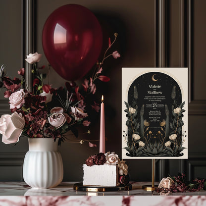 Moody Celestial Wedding Invitation - Moon and Stars Design with Floral Accents