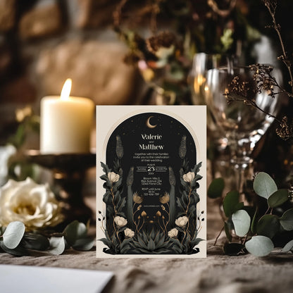 Moody Celestial Wedding Invitation - Moon and Stars Design with Floral Accents