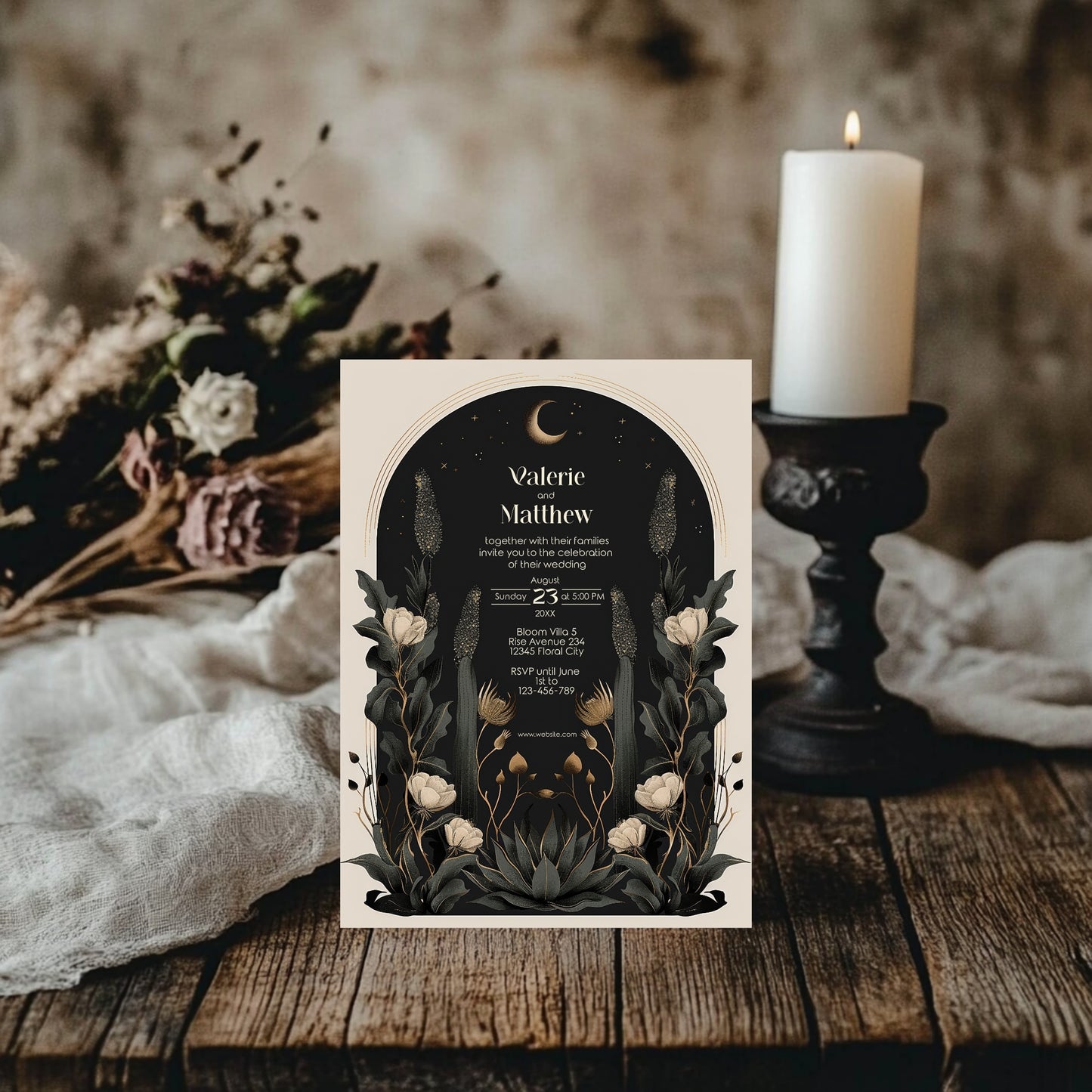 Moody Celestial Wedding Invitation - Moon and Stars Design with Floral Accents