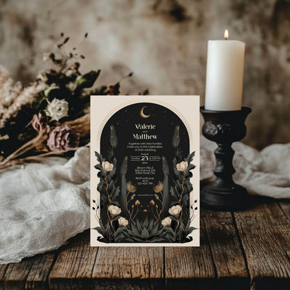 Moody Celestial Wedding Invitation - Moon and Stars Design with Floral Accents