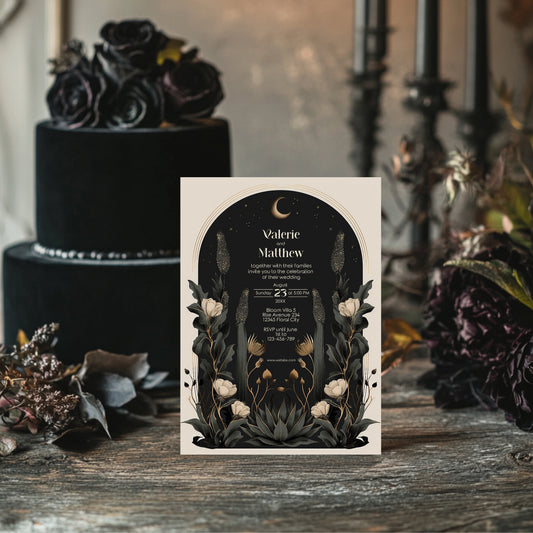 Moody Celestial Wedding Invitation - Moon and Stars Design with Floral Accents